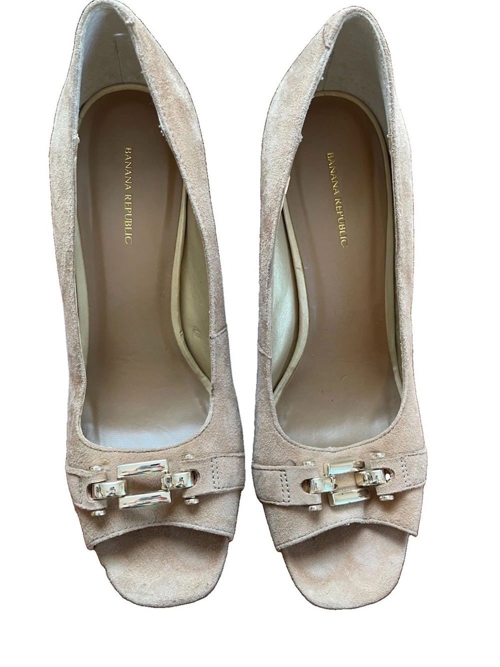 Banana Republic Perla Sutton Beige Suede Peep-Toe Heels with Gold Accent